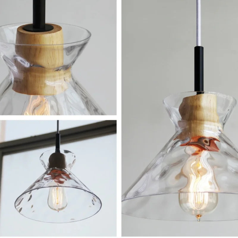 Art Ripple Glass Pendant Lamp Wood Suspension Light