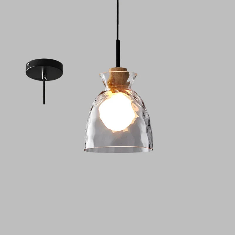 Art Ripple Glass Pendant Lamp Wood Suspension Light